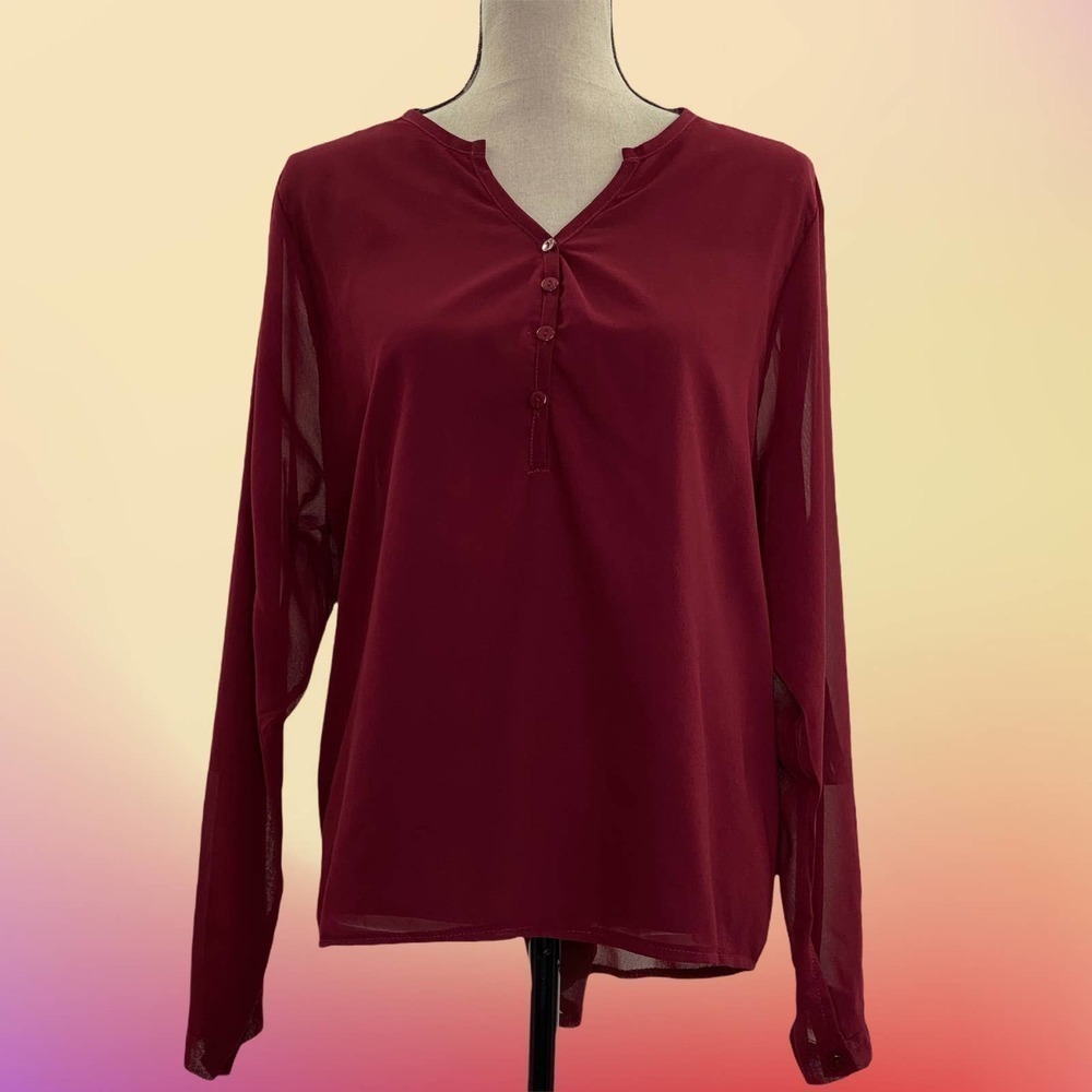 V-NECK Sheer Red Henley Button Blouse Size XXL - Picture 10 of 10